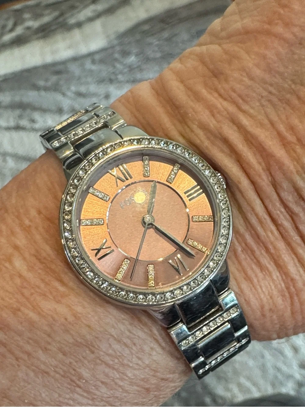 Fossil Virginia Stainless Steel 3 hand watch Pink Dial Crystals